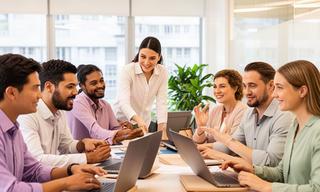 Business support team collaborating around a table in a welcoming Singapore office