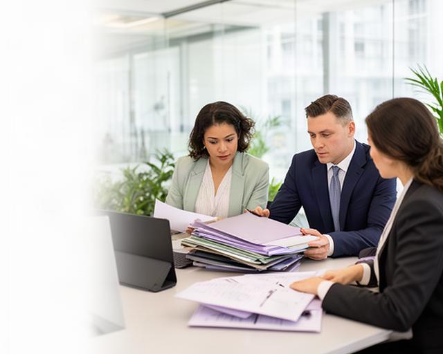 Professional services team reviewing confidential client files in a bright Singapore office