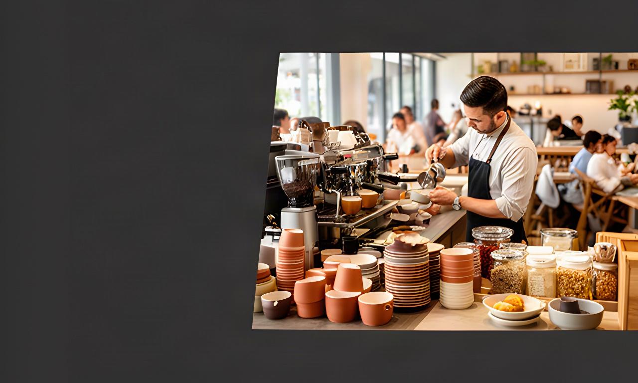 Barista serving coffee beside a carefully organised counter in a busy Singapore cafe