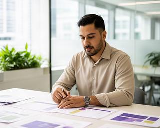 Ahbau Bermudo reviewing an operations schedule in a bright Singapore office