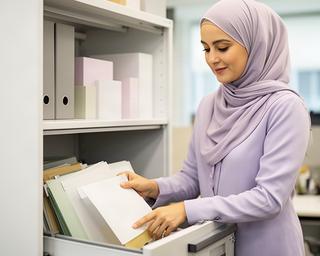 Chusnul Selegna organising client records beside a filing cabinet in Singapore